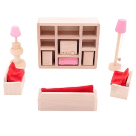 POFET Children's Wooden Living Room Dollhouse Miniature Furniture Sofa Cabinet Toy Set Doll Family Role Play Accessories