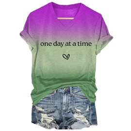 Generic One Day at a Time Print V Neck T-Shirt Mental Health Matters Shirt Positive Message Tshirts for Women V Neck One Day at a Time Tee Mental Health Awareness Tops Inspirational Gifts Purple
