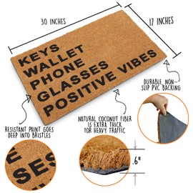 MAINEVENT Keys Wallet Phone Glasses Postitive Vibes Door Mat 30x17 Inch, Coir Outdoor Doormat w/Non-Slip PVC Backing