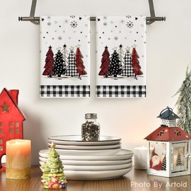 Artoid Mode Black White Buffalo Plaid Xmas Trees Christmas Kitchen Towels Dish Towels, 18x26 Inch Daily Seasonal Winter Decoration Hand Towels Set of 2