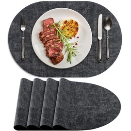 BARTHKIT Placemats for Dining Table Set of 4 Non-Slip, Heat Resistant Oval Leather Placemat Double Layer, Waterproof Table Mats Easy to Clean for Kitchen Dining Room Coffee Office Table, Charcoal