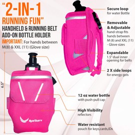 “2-in-1 Running Fun” - Pink Handheld 12 Oz. Water Bottle & Running Belt Add-on - Straps Onto Your Hand or Slides on Belt! Waterproof Pocket Holds Money, Key, ID – Maximises Your Time, Freedom, Health!