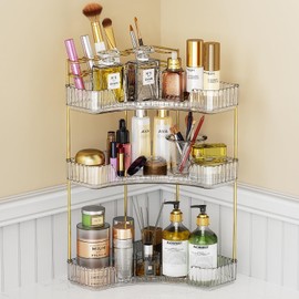 3-Tier Corner Bathroom Counter Organizer Makeup Cosmetic Storage, Tool-Free Installation Acrylic Vanity Shelf, Countertop Storage Organizers Perfume Tray for Bathroom, Dresser, Kitchen (Clear)