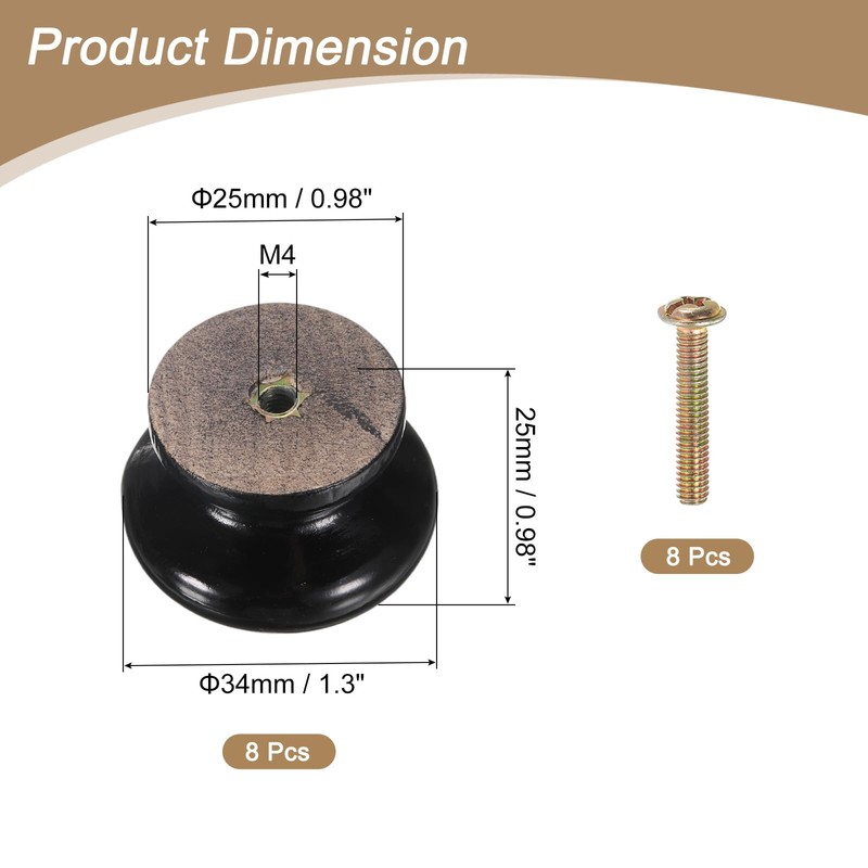 sourcing map 8pcs Round Wooden Knobs, 33mm/1.3" Mushroom Shape Kitchen
