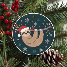 Whimsical Sloth Round Ceramic Ornament 3 inches with Santa Hat and Colorful Christmas Lights for Holiday Cheer