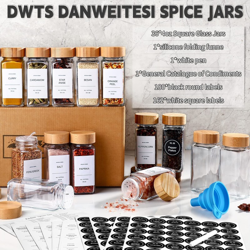 DWTS DANWEITESI 36 Pcs Glass Spice Jars - 4oz With