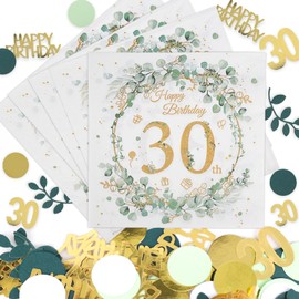 Napkins 30th Birthday, Pack of 40 Happy Birthday Napkins Birthday with Confetti Birthday, 30th Birthday Napkins Eucalyptus, Party Decoration 30th Birthday Women Men, Table Decoration Birthday