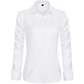 J.VER Womens Dress Shirts Long Sleeve Button Down Shirts Wrinkle-Free Stretch Regular Fit Solid Work Blouse White Large