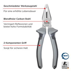 kwb Combination Pliers in 180 mm, Made in Germany with 2-Component Handle with Hand Guard, Made of Anti-Glare Carbon Steel, with Grip Zone and Hardened Cutting Edges, Conforms to DIN ISO 5747