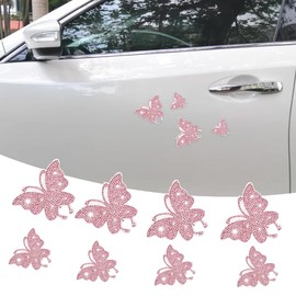 8PCS Bling Crystal Butterfly Car Decals, Auto Decoration Rhinestone Stickers Bling Decorative Decal, Bling Exterior Interior Accessories for Cars Window Bumper Laptops (Pink)
