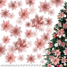 Zeyune 36 Pcs Christmas Glitter Poinsettia Artificial Flowers with Clips Assorted Sizes Stems Xmas Tree Ornaments for Xmas Holiday Seasonal Wedding (Rose Gold)