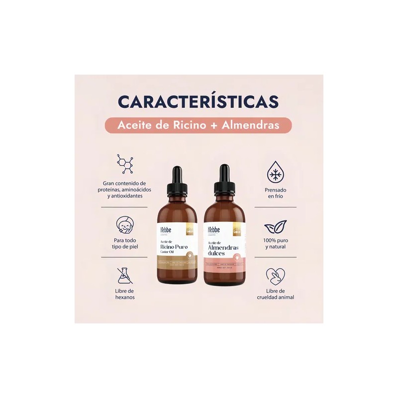 Aceite Orgánico Ricino + Almendras Puro Hebbe Cosmetics Crecimiento Cabello
