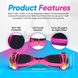 EMAXUSA, 6.5” Hover Board for Kids Ages 6-12, Bluetooth Hover Board with Tunnel Light Style Wheels & Non-slip Footpads, UL2272 Safety Certified (Pink)