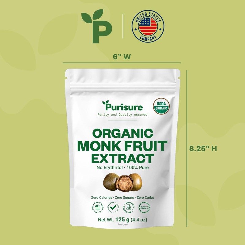Organic Monk Fruit Sweetener, 125g (4.41oz), No Fillers Pure USDA