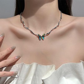 Wendalern Boho Crystal Butterfly Choker Necklace Cute Birthstone Butterfly Pendant Necklace Silver Rhinestone Link Chain Necklace Dainty Butterfly Insects Collar Necklace Jewelry for Women