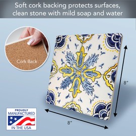 Thirstystone Floral Tile Decorative Heat Tolerant Stone Trivet with Non-Skid Cork Backing 8” Square Artistic, Durable, Easily Wipes Clean