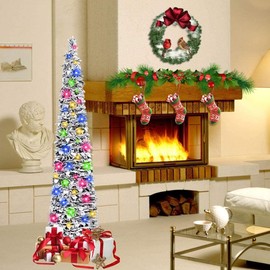 N&T NIETING Flocking Christmas Tree, 5ft Collapsible Pop Up Christmas Tree White Artificial Xmas Tree for Holiday Home Indoor Outdoor Decoration