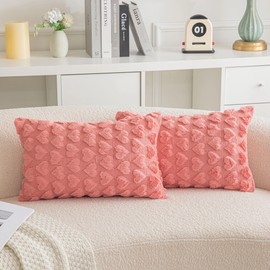 Set of 2 Heart Love Cute Coral Red Decorative Throw Pillow Covers 12x20, Soft Plush Faux Fur Wool Pillow Covers for Couch Sofa Home