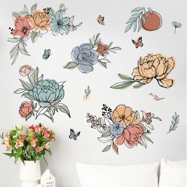 Yovkky Boho Vintage Flower Wall Decals Stickers, Bohemian Retro Floral Peony Rose Lily Home Bedroom Decor, Wildflower Leaves Butterfly Living Room Kitchen Decorations Art