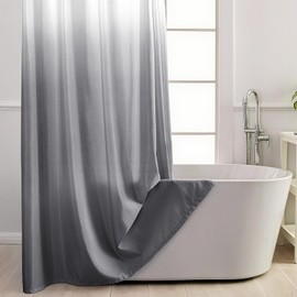 Cortina de ducha larga sin gancho gris degradado con forro de tela a presión, diseño moderno de estilo hotel para baño, doble capa sin anillo con ventana superior de malla transparente, 71 x 77