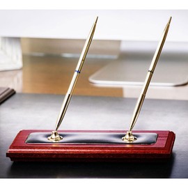 Dacasso Rosewood & Black Leather Double Pen Stand Accessory Set, 9.25 x 4.25 x 9.00 - Luxury Executive Desk Decor and Office Essential