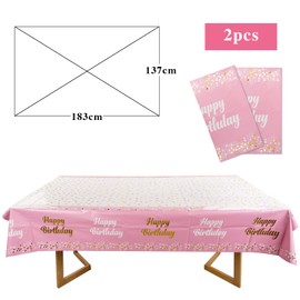 Pack of 2 137 x 183 cm Tablecloths Birthday Girl Pink Happy Birthday Tablecloth Wipe Clean Plastic Rectangular Party Tablecloth for Children's Birthday Girls etc. (Thickness: 0.025 mm)