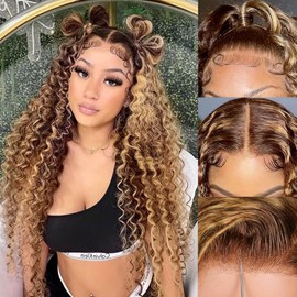 XZZ 26 Inch Ombre Highlight Lace Front Wigs Human Hair 4/27 Colored 200% Density Curly Honey Blonde Wig Colored Human Hair 13X4 HD Lace Frontal Wigs Pre Plucked Hairline with Baby Hair