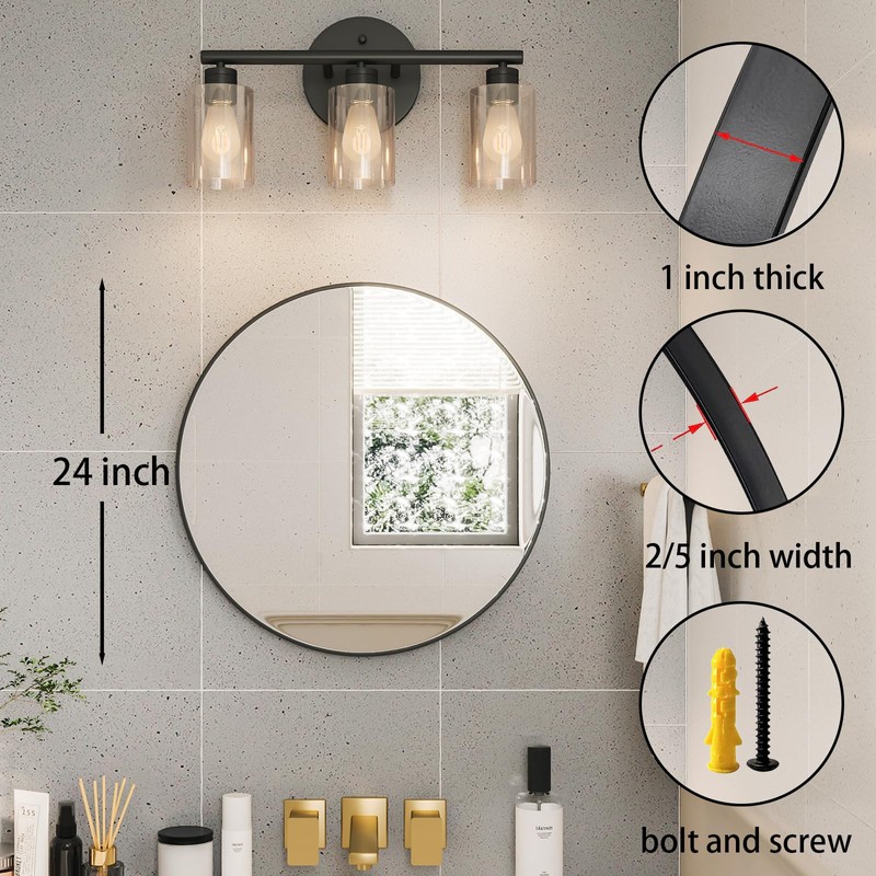 Growsun Black Round Mirror 24 inch, Wall Mounted Circle Mirror,