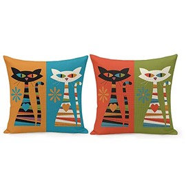Mid Century Modern Cats and Atomic Art Square Pillowcase Decorative Throw Pillow Case Cushion Cover for Chair Couch Sofa Home Car Decor 18x18 Inch Set of 2