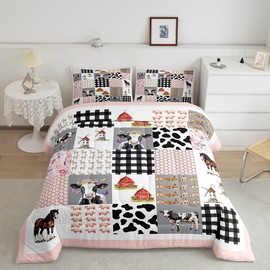 Feelyou Cow Bedding Set,Farmhouse Comforter Western Country Style Room Decor Aesthetic,Cute Cartoon Farm Animal Pig Cow Horse Full Bedding Sets for Girls Boys,Pink Black White Grid Comforter