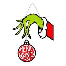Christmas Door Sign Grinchs Decorations - Merry Christmas Wall Decor Grinchs Ornaments - Grinchs Hand Wooden Welcome Front Door Hanging Wreath for Christmas Decorations Indoor Party Supplies