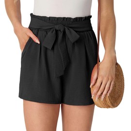 PrinStory Women's Summer High Waisted Elastic Wide Leg Drawstring Shorts, Straight Leg Sportswear (Black, M)