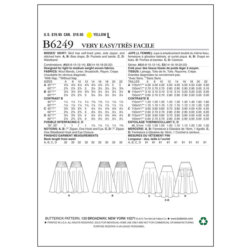 Butterick Patterns 6249, Misses Skirt,Sizes, Rayon,Wool, Multi-Colour, E5 (14-16-18-20-22)