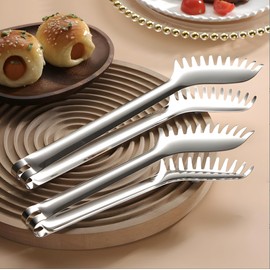 1 Piece Toothed Stainless Steel Spaghetti Tongs with Vacuum Handle, Comfortable Grip Kitchen Cooking Baking Tool (Silver) (29cm)