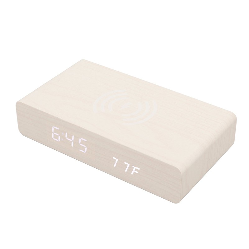 Wooden Digital Clock Wireless Charging Function 3 Brightness Electric Alarm