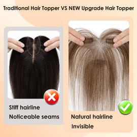 S-noilite Hair Toppers for Women Human Hair with Side Bangs - 9x12cm T-Sharp Hand-stitched Base 360° 3D Coverage Natural 13g （Dark Brown #2)