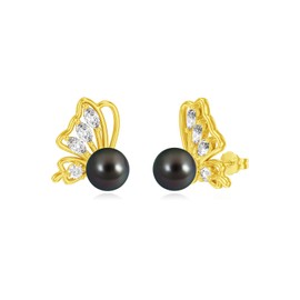 KANNSOAR Tahitian Black Pearl Earrings 18K Gold Plated Sterling Silver Butterfly Stud Earrings Black Pearl Jewelry Birthday Wedding Gift for Women Mom Wife Mom