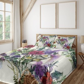 Ambesonne Vintage Sheet Set, Pattern of Watercolor Effect Colorful Spring Floral Bouquet, Fitted and Flat Sheet with Pillowcase Bedding Accent 3 Piece Set, Twin XL, Green Lilac