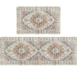 Boho Kitchen Rug Sets 2 Piece with Runner Non Slip Kitchen Rugs and Mats Washable Kitchen Mats for Floor Thick Kitchen Floor Mat Carpet Runner Rugs for Hallway Laundry Holiday Decor(Turmeric/Grey)