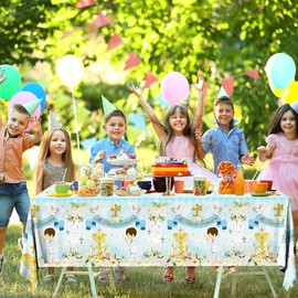 Gupesxu First Communion Decorations-3pcs Blue Mi Primera Comunion Tablecloth Baptism Table Covers for Boy Newborn Baby Shower Table Cloth for First Communion Baptism Decorations