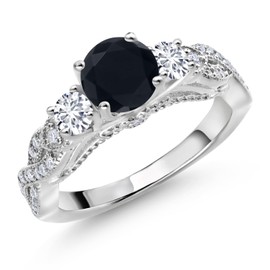 Gem Stone King 925 Sterling Silver Black Onyx White Lab Grown Diamond and White Moissanite Engagement Ring For Women (1.27 Cttw, Gemstone December Birthstone, Round 6MM and 3MM) (Size 7)
