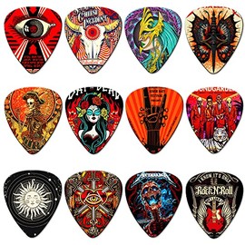 Púas de guitarra de 24 unidades, delgadas, medianas, pesadas y extra pesadas con caja de lata, paquete variado de púas de celuloide artístico para bajo, guitarra eléctrica y guitarra acústica, regalo