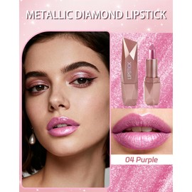 Purple Glitter Lipstick for Women, Metallic Shimmer Long Lasting Lip Gloss