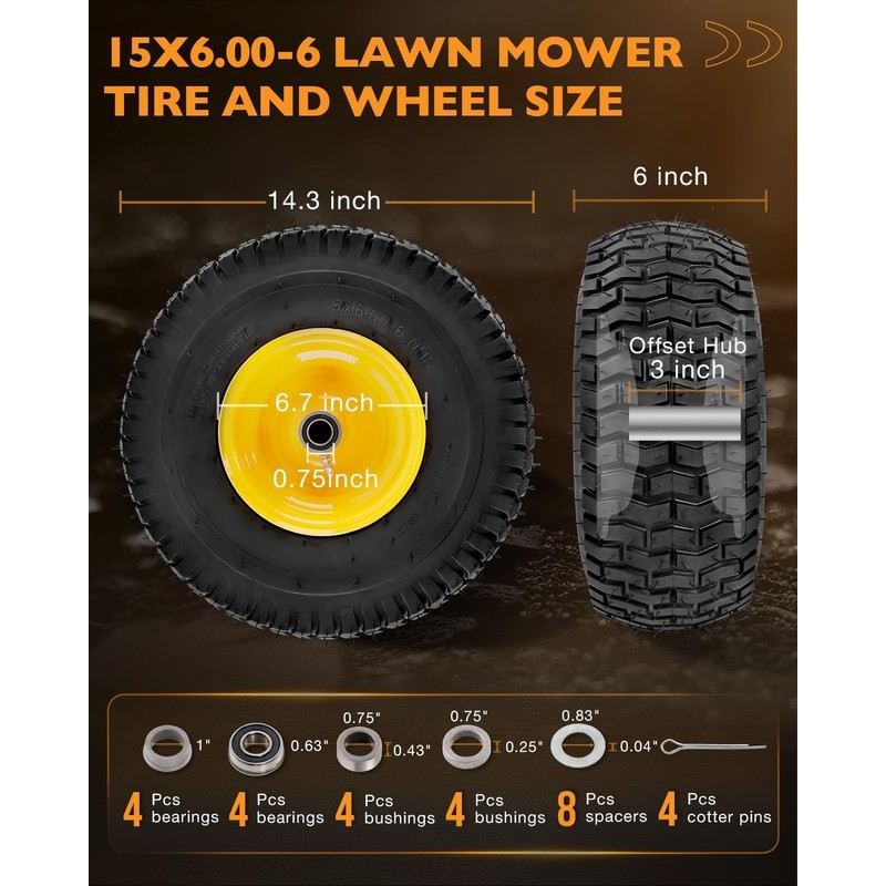 2 Pack 15x6.00-6 Tubeless Lawn Mower Tires, 3" Offset Hub,
