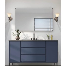 OKPAL Black Metal Framed Bathroom Mirror for Wall, Large 55X30 Inch Rounded Rectangle Mirror, Matte Black Bathroom Vanity Mirror Farmhouse, Anti-Rust, Tempered Glass(Horizontal/Vertical)