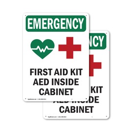 (2 Pack) First Aid Kit AED With Symbol OSHA Emergency Sign 7 Inch X 10 Inch Plastic Sign, Weather Resistant, UV Protected for Workplace, Business, and Construction Site, Made in the USA