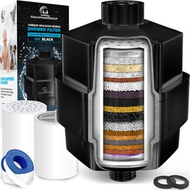 AquaHomeGroup 20 Stage Shower Filter for Hard Water - High Output Universal Shower Head Filter for Chlorine, Fluoride, Heavy Metals - Vitamin C E Shower Water Filter for Hair and Skin (Black)