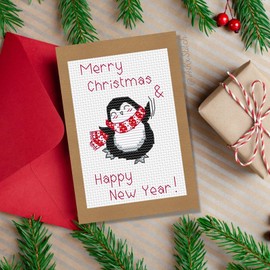 Little Penguin Cross Stitch Kit with DMC Threads & Fabric, Cute Christmas Greetings Card, Easy Beginner Embroidery Chart, Xmas Small Quick Craft Idea