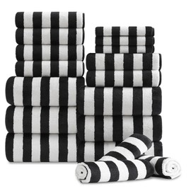18 Pcs Black White Cabana Stripe Family Towels Set-6 Bath Sheets,6 Hand Towels,6 Washcloths Soft Jumbo Bathroom Towels Absorbent Shower Towel Quick Dry Beach Chair Towel Spa Gym Hotel Towel Set