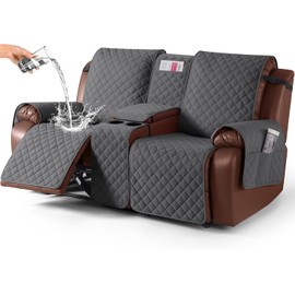 KinCam 100% Waterproof Recliner Loveseat Cover with Console, Non-Slip Reclining Couch Covers for 2 Seat, Recliner Sofa Cover Furniture Protector with Elastic Straps for Kids, Pets, Charcoal Gray